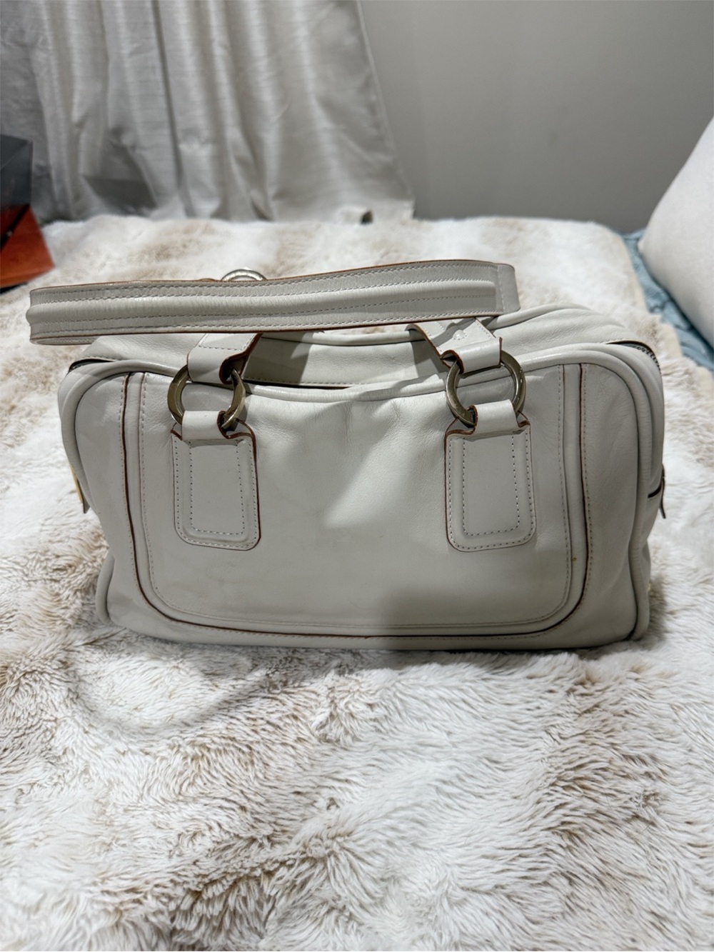 MONSAC White Ivory Leather Satchel Shoulder Bag Vintage Y2K